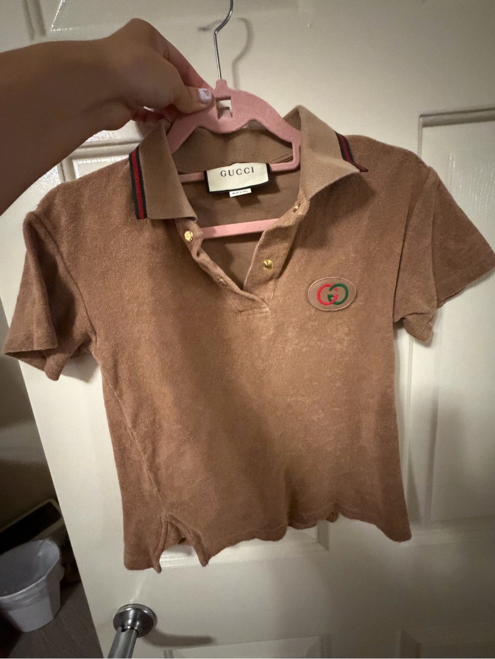 Gucci Brown Kids Terry Polo with Striped Collar and Logo Patch